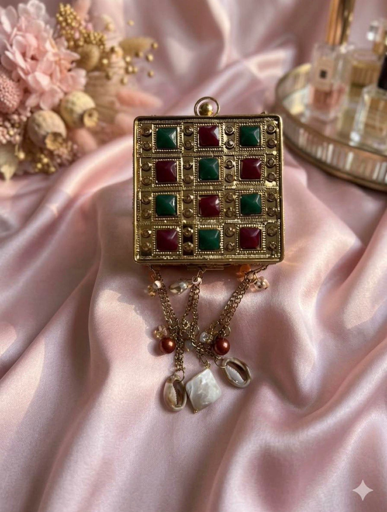 Royal Emerald Ruby Embellished Box Clutch with Pearl Tassel Charms